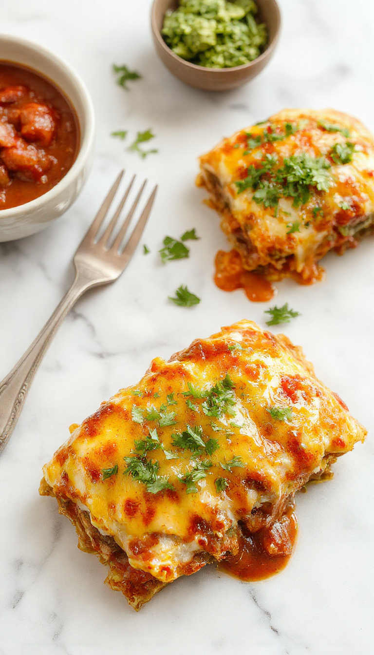 A plate of colorful enchiladas topped with melted cheese, fresh cilantro, and sliced jalapenos, served with a side of rice and beans.