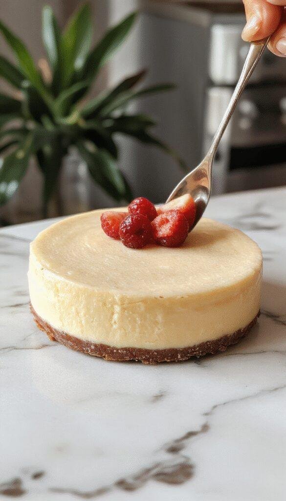 A vibrant fiesta-themed cheesecake topped with colorful fruits and decorative sprinkles, garnished with festive elements.