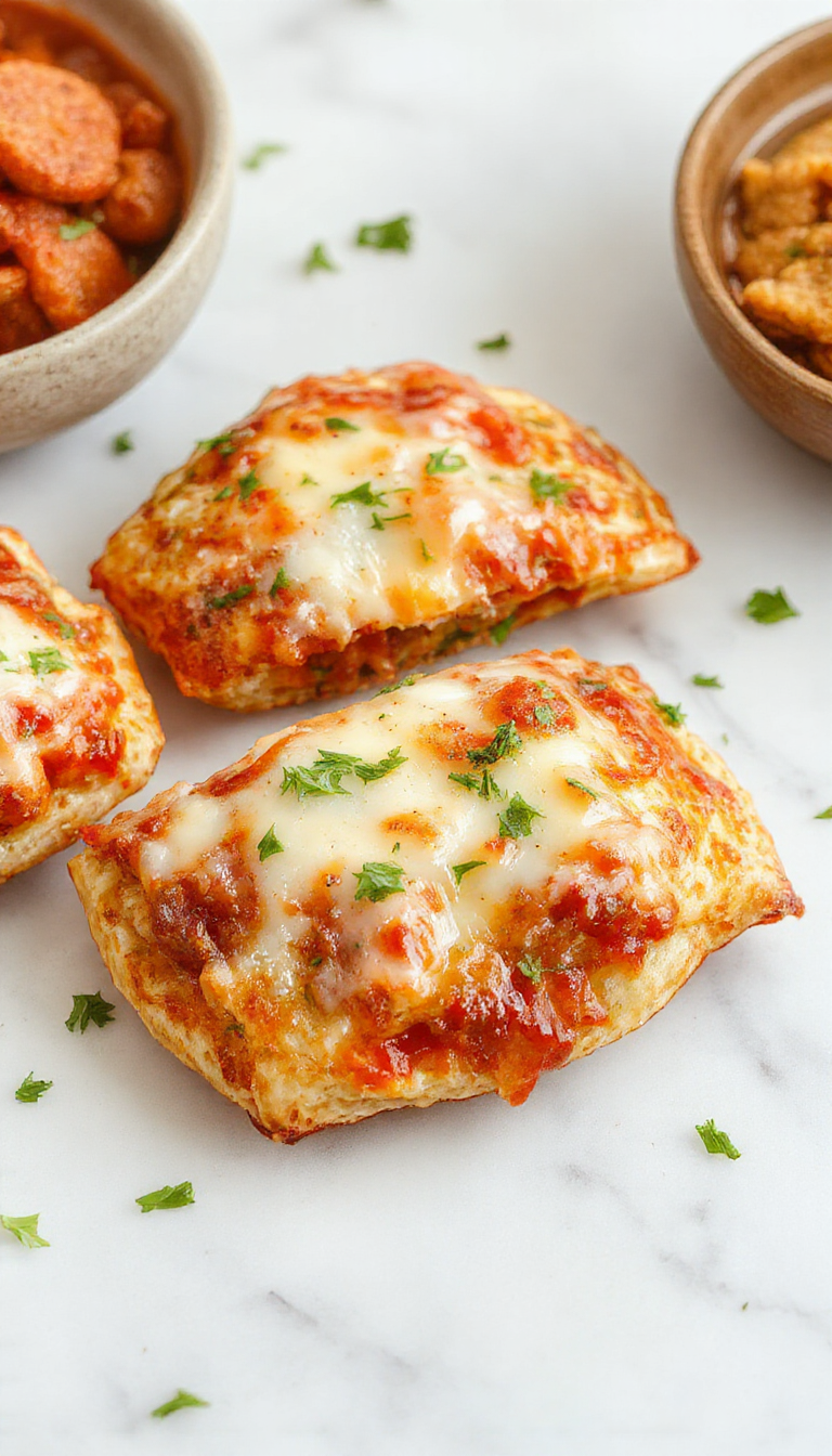 Delicious high-protein pizza pockets filled with colorful ingredients, resting on a wooden table with a side of fresh salad.