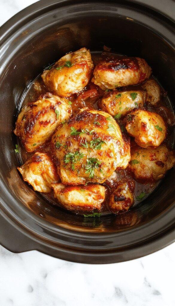 A close-up shot of a creamy chicken dish in a white bowl, garnished with fresh herbs. The chicken is tender, coated in a rich, savory sauce, with a hint of parsley for color. The background shows a rustic wooden table with a few ingredients scattered around, evoking a cozy and inviting atmosphere.