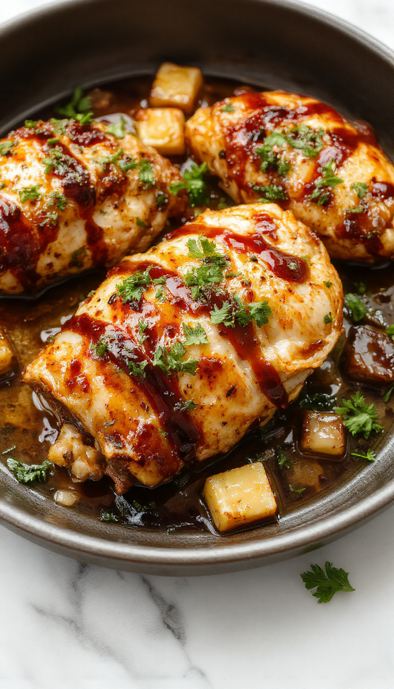 A sizzling skillet of balsamic chicken cooked with herbs and vegetables, garnished with fresh parsley for a colorful, homemade dinner.