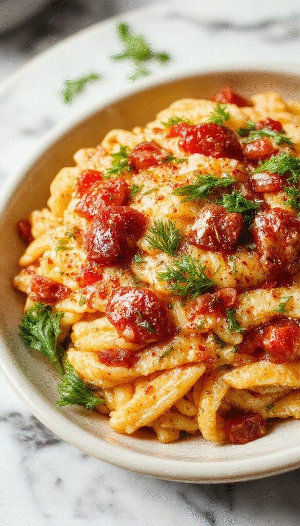 A steaming bowl of colorful one-pot orzo pasta garnished with fresh herbs and vegetables, served on a rustic wooden table.