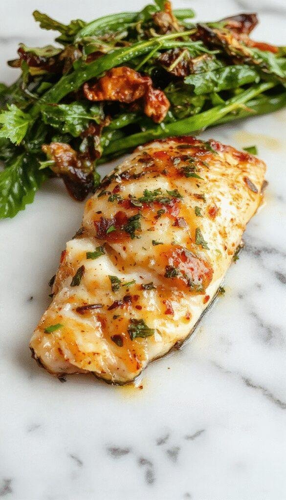A plated dish featuring flaky tilapia fillets smothered in vibrant roasted red pepper sauce, garnished with fresh herbs, served on a white plate with colorful roasted peppers underneath, styled with a rustic wooden background and natural lighting emphasizing the textures and vivid colors.