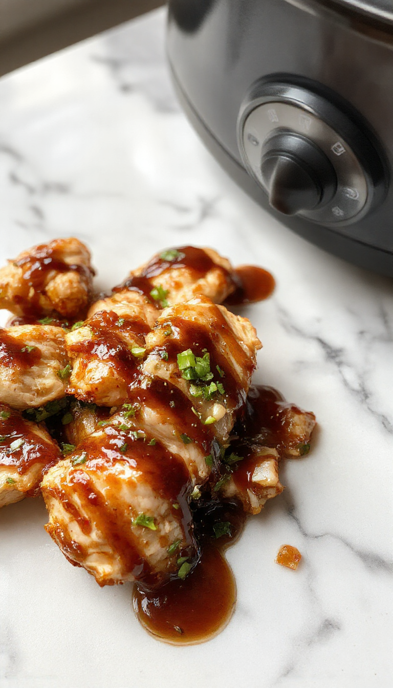 A flavorful plate of slow cooker teriyaki chicken garnished with sesame seeds and green onions, served alongside steamed rice and vegetables.
