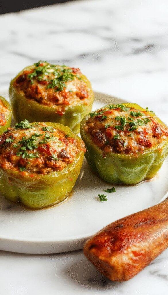 Colorful stuffed bell peppers filled with rice, vegetables, and melted cheese on a plate.