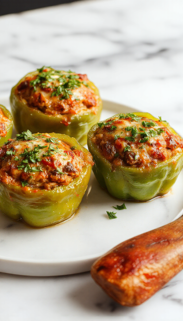 Colorful stuffed bell peppers filled with rice, vegetables, and melted cheese on a plate.