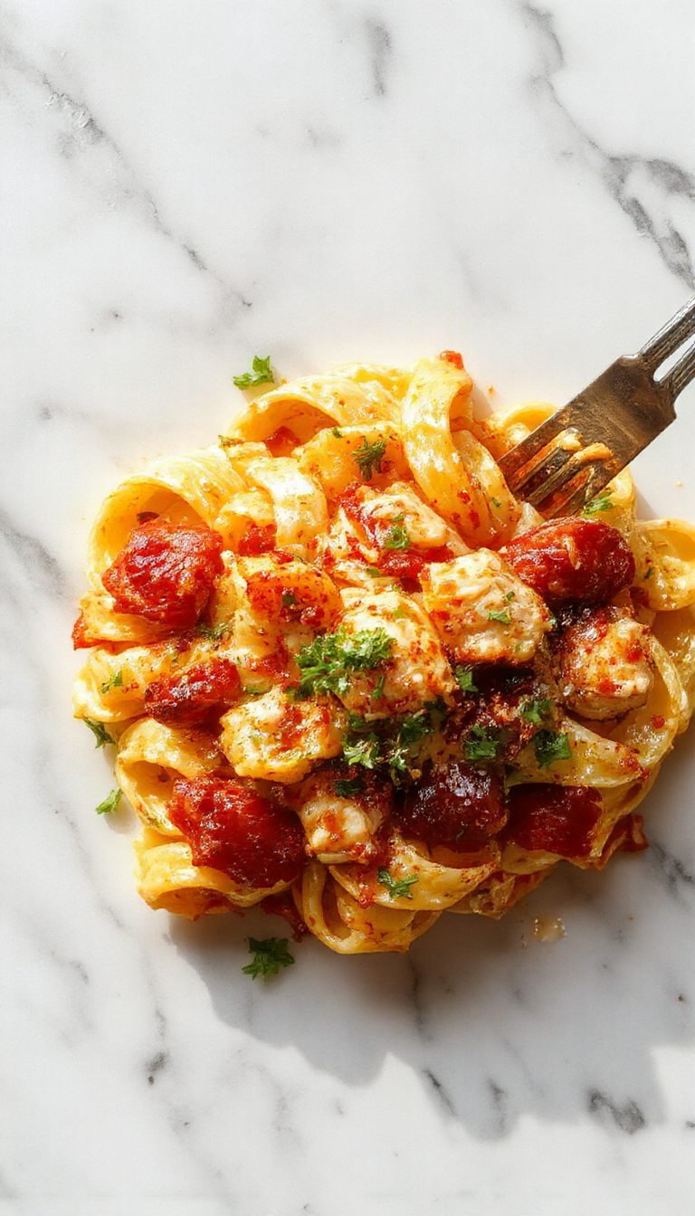 A plate of Effortless Sweet & Savory Chicken Pasta garnished with fresh herbs, showcasing tender chicken, colorful vegetables, and al dente pasta