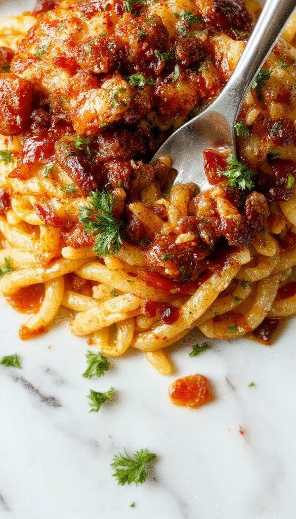 A plate of steaming, golden baked orzo pasta garnished with fresh herbs, served alongside colorful vegetables for a quick weeknight meal.