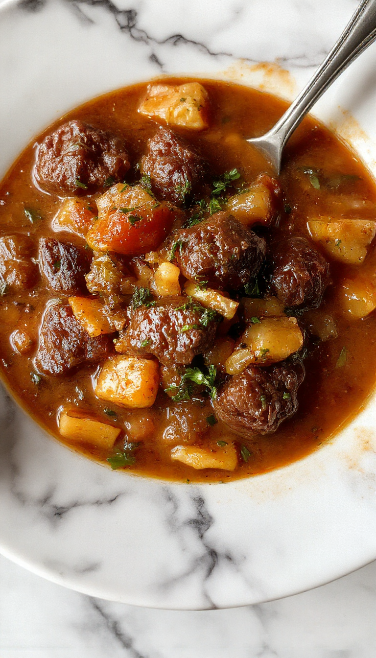 A steaming bowl of Enchanted Evening Beef Stew with tender beef chunks, colorful vegetables, and aromatic herbs served in a rustic bowl.