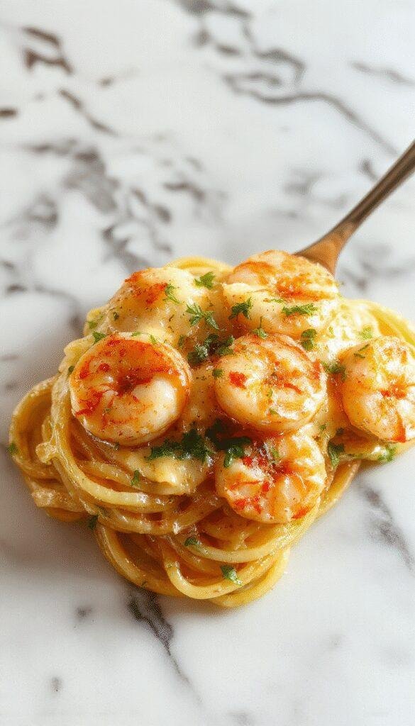 A plate of creamy garlic shrimp pasta garnished with fresh herbs, showcasing tender shrimp coated in a silky sauce over al dente pasta.