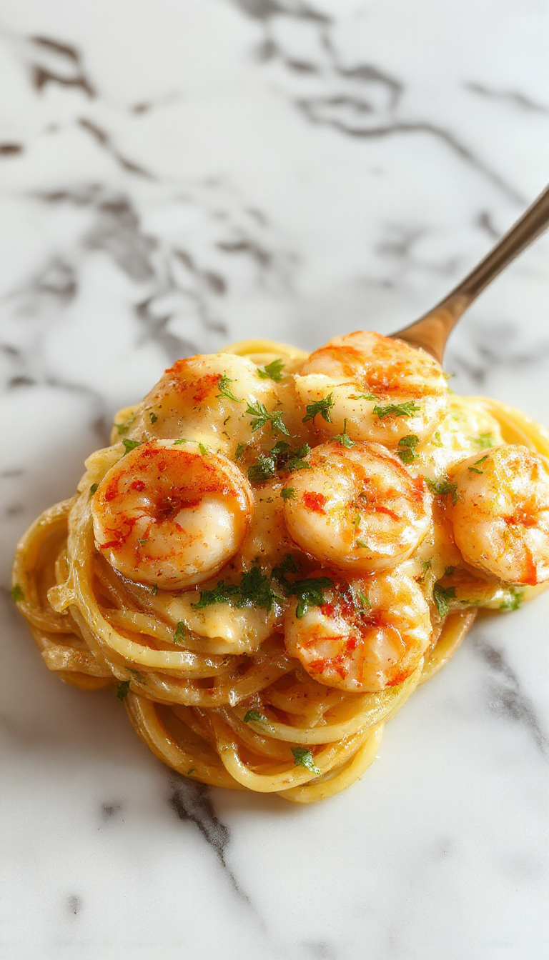 A plate of creamy garlic shrimp pasta garnished with fresh herbs, showcasing tender shrimp coated in a silky sauce over al dente pasta.