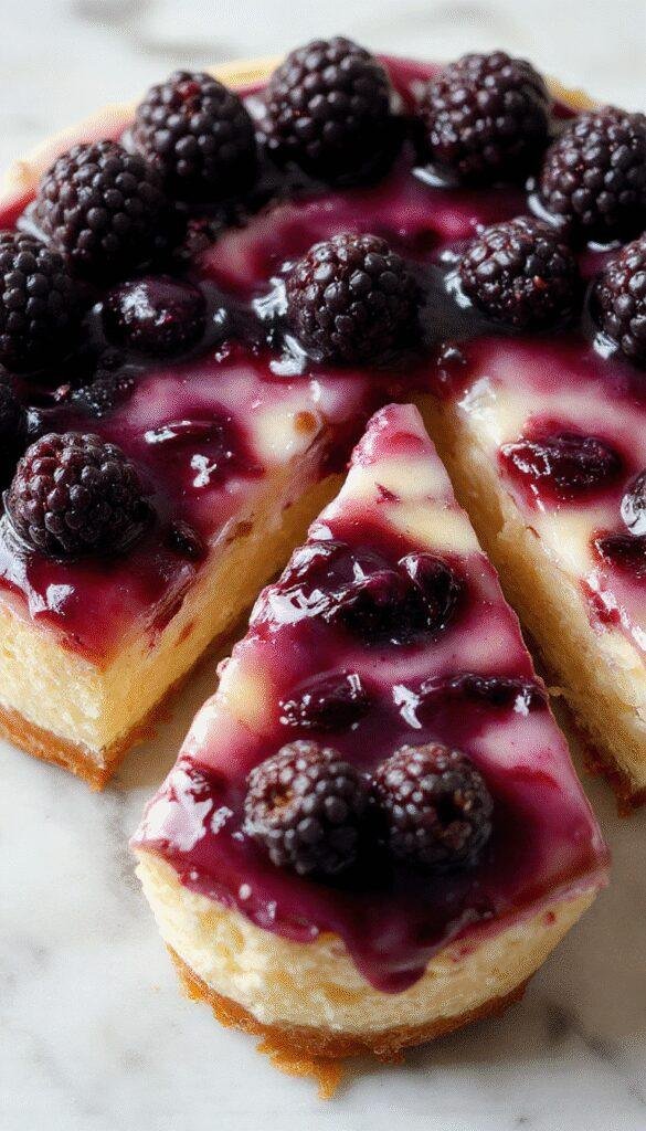 A stunning slice of Midnight Blueberry Cheesecake on a decorative plate, garnished with fresh blueberries and a drizzle of blueberry syrup, set against a dark, elegant backdrop.