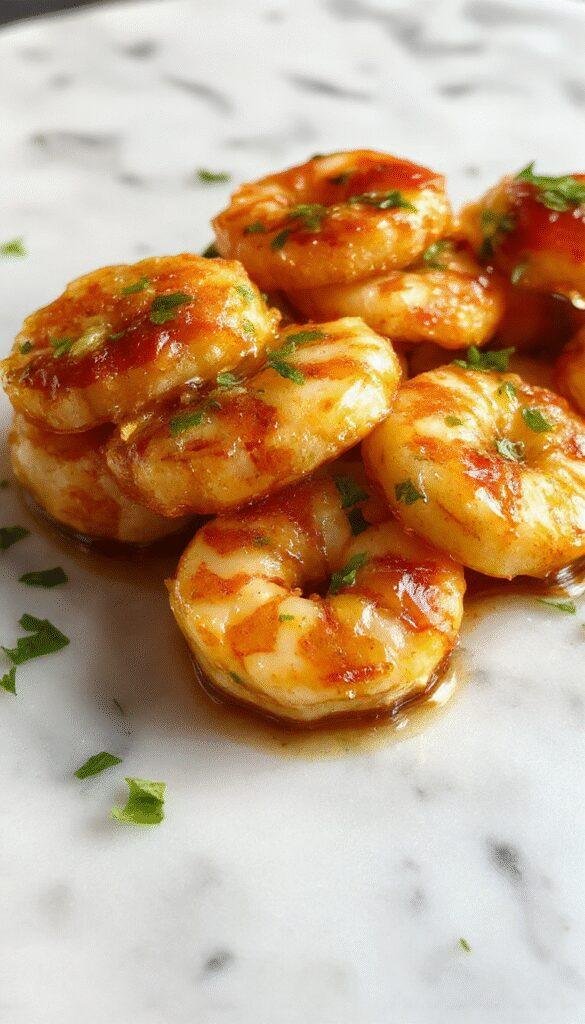 A vibrant plate of honey garlic shrimp with golden-brown shrimp glazed in sticky honey and aromatic garlic slices, garnished with fresh parsley, presented on a white modern plate with colorful vegetables on the side, with a blurred kitchen background showcasing a clean, inviting serving setting.