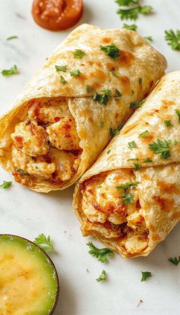 A close-up of a flavorful chicken wrap filled with melted cheese, fresh lettuce, and a generous drizzle of garlic sauce, sliced to reveal its cheesy interior.