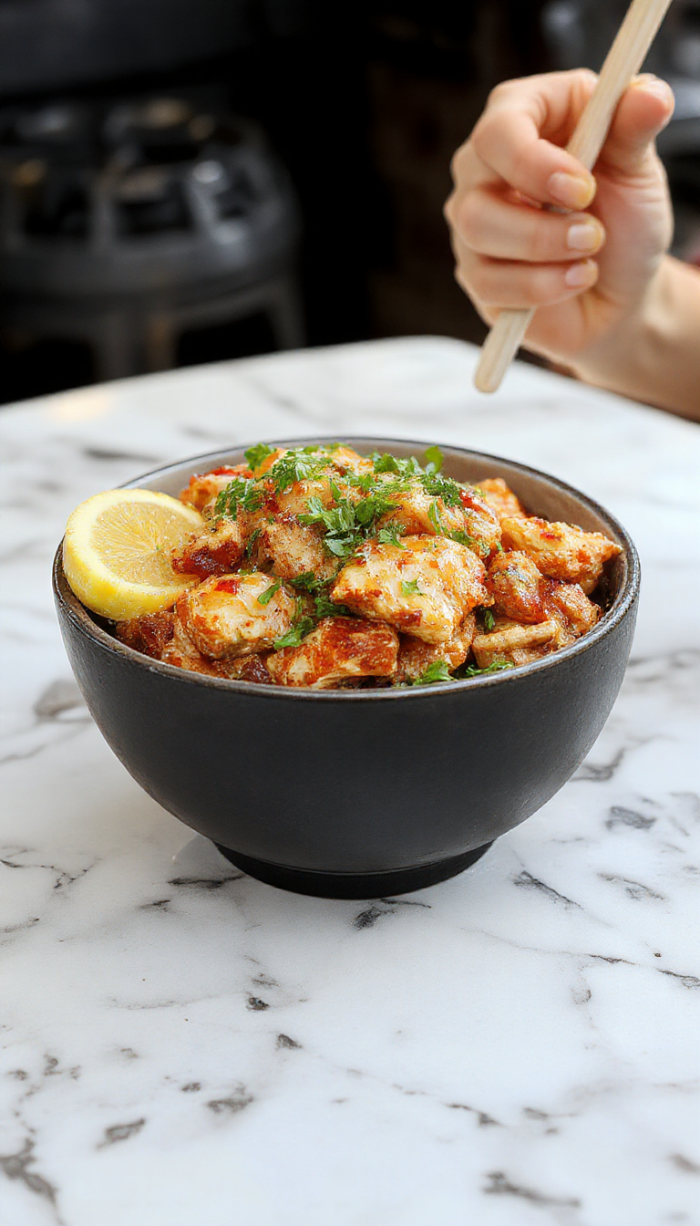 A vibrant bowl showcasing crispy fried chicken pieces coated in a glossy, spicy orange sauce, topped with chopped green onions and sesame seeds. The chicken rests on a bed of fluffy white rice, with bright red and green garnishes contrasting against the rich orange sauce, styled on a rustic wooden plate with a sprinkle of fresh herbs around for a colorful presentation.