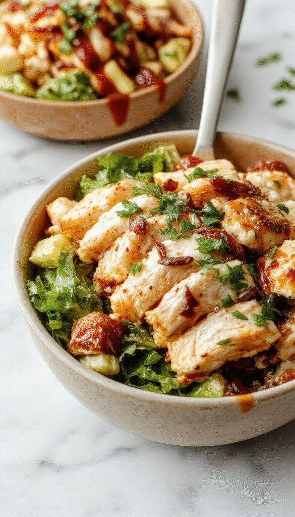 A vibrant chicken burrito bowl featuring grilled chicken strips, colorful diced tomatoes, fresh lettuce, creamy cheese, and sliced avocado, all arranged in a white bowl with a rustic wooden background, garnished with cilantro and a drizzle of lime juice, textures are fresh and juicy with a hint of smokiness from grilled chicken