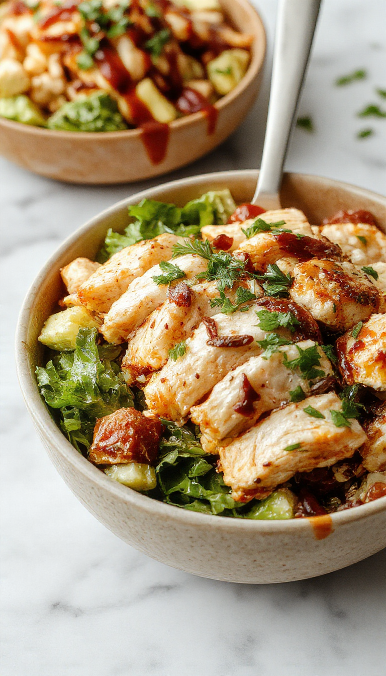 A vibrant chicken burrito bowl featuring grilled chicken strips, colorful diced tomatoes, fresh lettuce, creamy cheese, and sliced avocado, all arranged in a white bowl with a rustic wooden background, garnished with cilantro and a drizzle of lime juice, textures are fresh and juicy with a hint of smokiness from grilled chicken