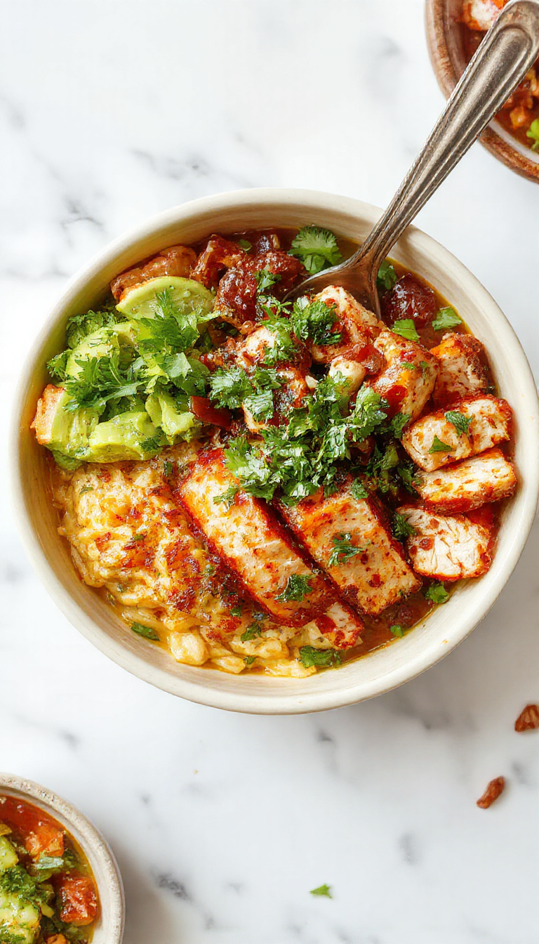 A vibrant chicken burrito bowl featuring seasoned grilled chicken chunks, colorful fresh vegetables like diced tomatoes, vibrant green lettuce, shredded cheese, and creamy guacamole arranged on a rustic wooden plate. The bowl displays textures of tender chicken, crispy toppings, and smooth sauces, styled with fresh herbs and lime wedges for an inviting look.