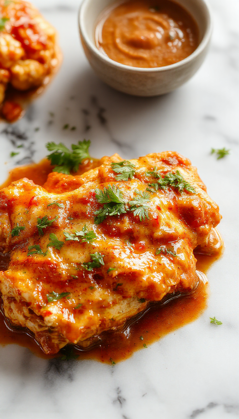 A vibrant bowl of chicken tikka masala featuring juicy grilled chicken chunks in a rich, creamy tomato-based sauce garnished with fresh cilantro. The dish is served on a rustic wooden table with a side of basmati rice and naan bread, showcasing warm, inviting colors and textures.