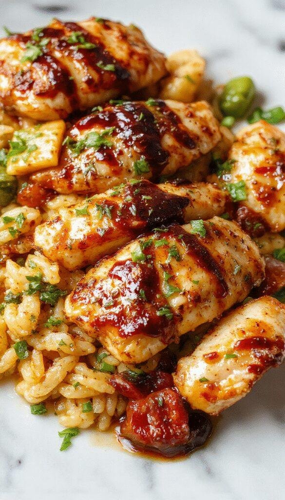 A vibrant plate showcasing tender balsamic glazed chicken atop aromatic orzo pasta mixed with colorful roasted vegetables like cherry tomatoes, spinach, and bell peppers, garnished with fresh herbs, all beautifully arranged on a white ceramic dish with a rustic wooden background.