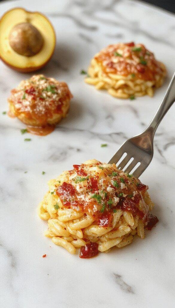 A vibrant plate of golden orzo pasta topped with fresh herbs, cherry tomatoes, and a drizzle of olive oil, arranged attractively on a rustic white plate with a colorful background, highlighting the creamy texture and aromatic garnishes.