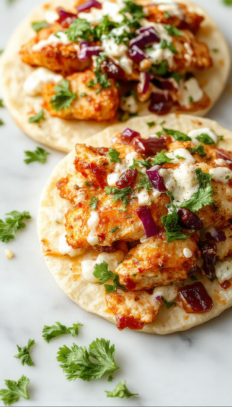 Colorful chicken pitas arranged on a white plate featuring golden grilled chicken, fresh green herbs, crispy pita bread, and vibrant herb ranch slaw with visible textures of shredded cabbage and herbs, styled with a rustic wooden background and fresh ingredients.
