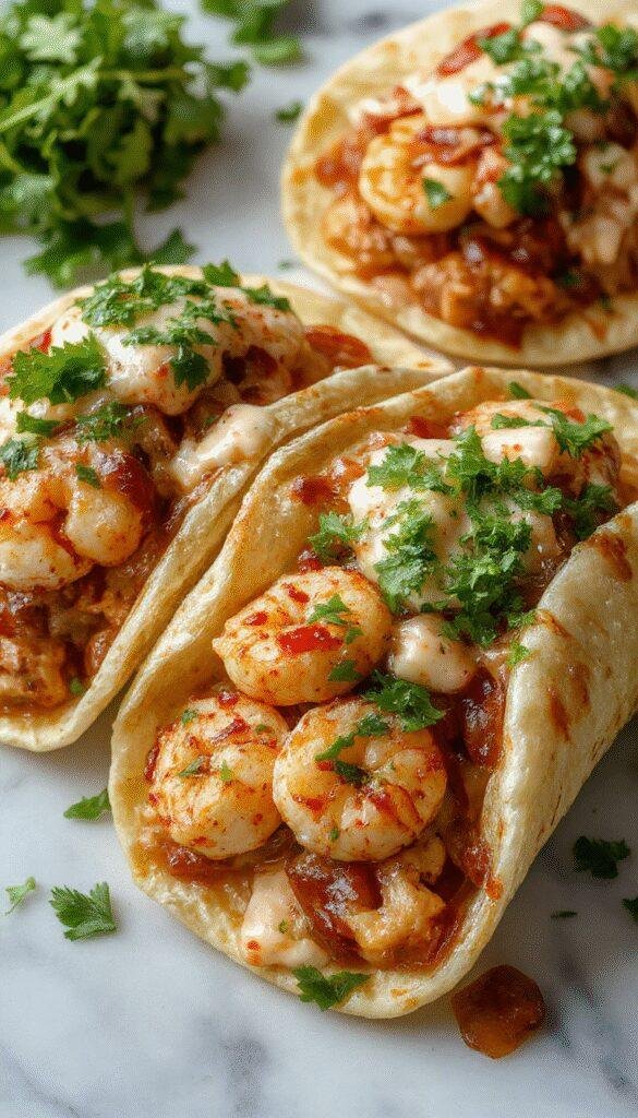 A vibrant plate of shrimp tacos featuring golden crispy shrimp nestled in soft corn tortillas, topped with shredded lettuce, diced tomatoes, sliced avocados, and drizzled with creamy sauce. Bright colors of the toppings contrast with the rustic wooden table background, garnished with fresh cilantro and lime wedges, inviting a colorful and appetizing seafood meal.