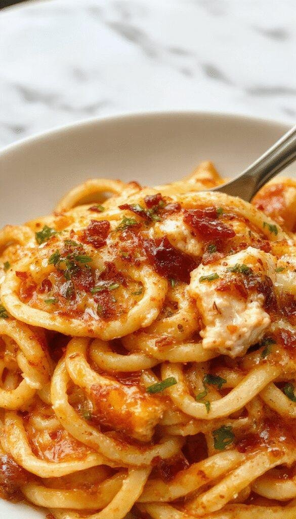 A plate of honey pepper chicken pasta garnished with fresh herbs, showcasing tender chicken pieces coated in glossy sauce with pasta noodles.