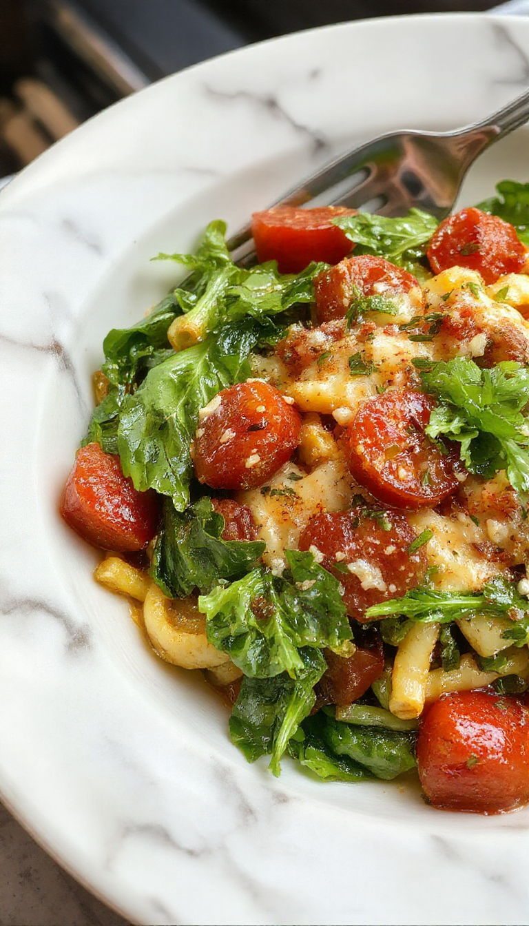 A vibrant plate of spinach and tomato pasta showcasing bright green spinach, ripe red tomatoes, and al dente pasta, garnished with fresh herbs and a drizzle of olive oil, styled on a rustic white plate with a blurred background of a kitchen