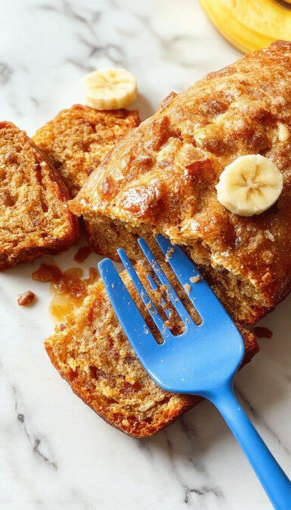 A loaf of homemade banana bread garnished with walnuts and sliced bananas on a rustic wooden table.