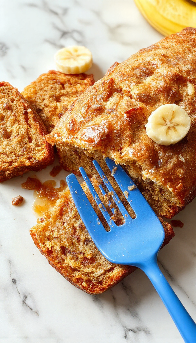 A loaf of homemade banana bread garnished with walnuts and sliced bananas on a rustic wooden table.
