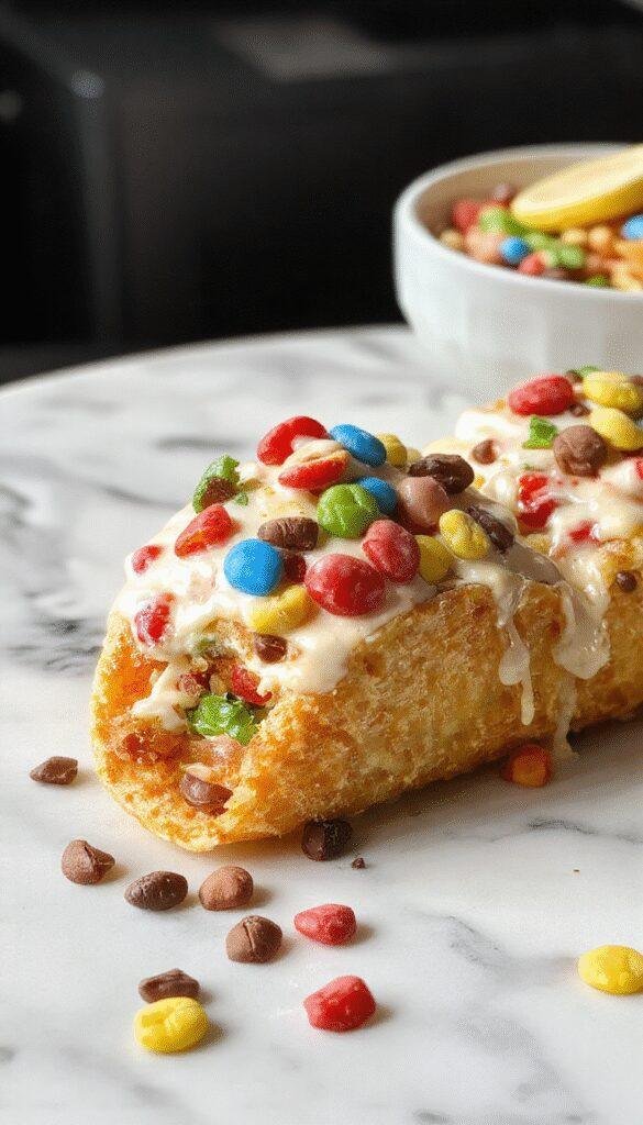 Vibrant cheesecake tacos topped with a colorful medley of Fruity Pebbles cereal, drizzled with bright berry sauce, set on a rustic white plate, with a background of fresh berries and cereal scatter, styled with playful and inviting presentation highlighting textures and lively colors.