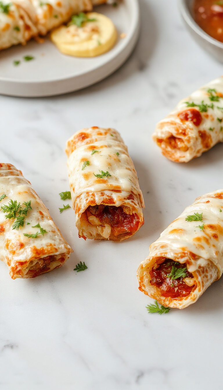 Colorful plate featuring golden-brown tortilla pizza rolls with melted cheese, visible toppings of pepperoni and vegetables, garnished with fresh herbs, styled on a rustic wooden surface with a playful, inviting atmosphere.