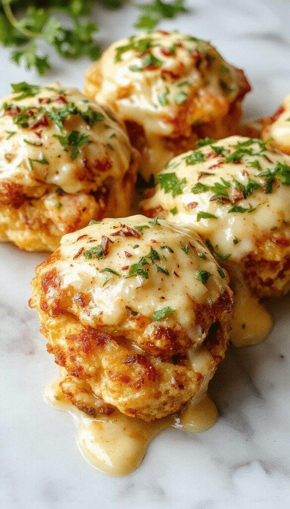 A vibrant plate of golden-brown garlic butter chicken bites garnished with fresh herbs, served alongside a creamy pasta coated with rich sauce. The dish is styled elegantly on a rustic wooden table with a sprinkle of chopped parsley, showcasing the crispy chicken pieces and velvety pasta with steam rising, creating an inviting and savory visual appeal.