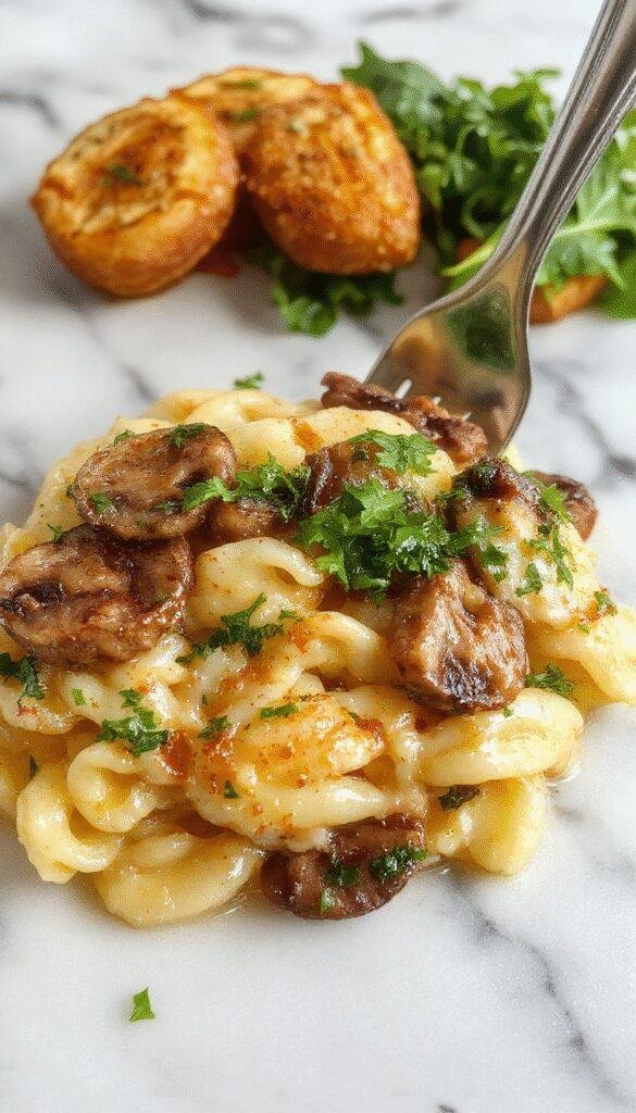 A vibrant plate featuring creamy garlic butter orzo topped with sautéed mushrooms and fresh spinach, garnished with herbs, presented on a rustic white plate with a backdrop of a wooden table and natural lighting highlighting the textures and colors.