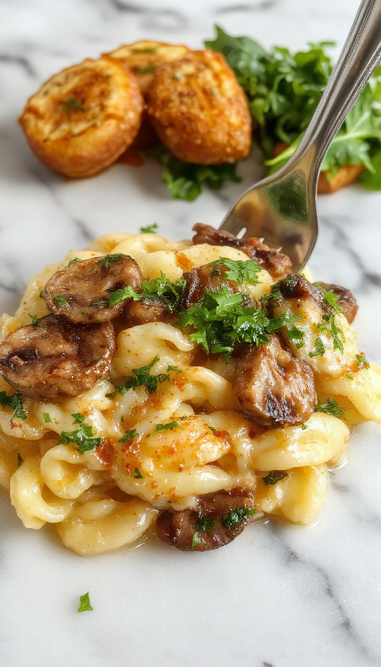 A vibrant plate featuring creamy garlic butter orzo topped with sautéed mushrooms and fresh spinach, garnished with herbs, presented on a rustic white plate with a backdrop of a wooden table and natural lighting highlighting the textures and colors.