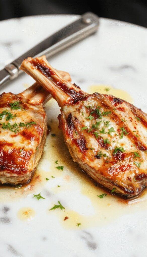 Golden-brown pork chops with a glossy garlic butter sauce, garnished with fresh herbs on a rustic wooden plate