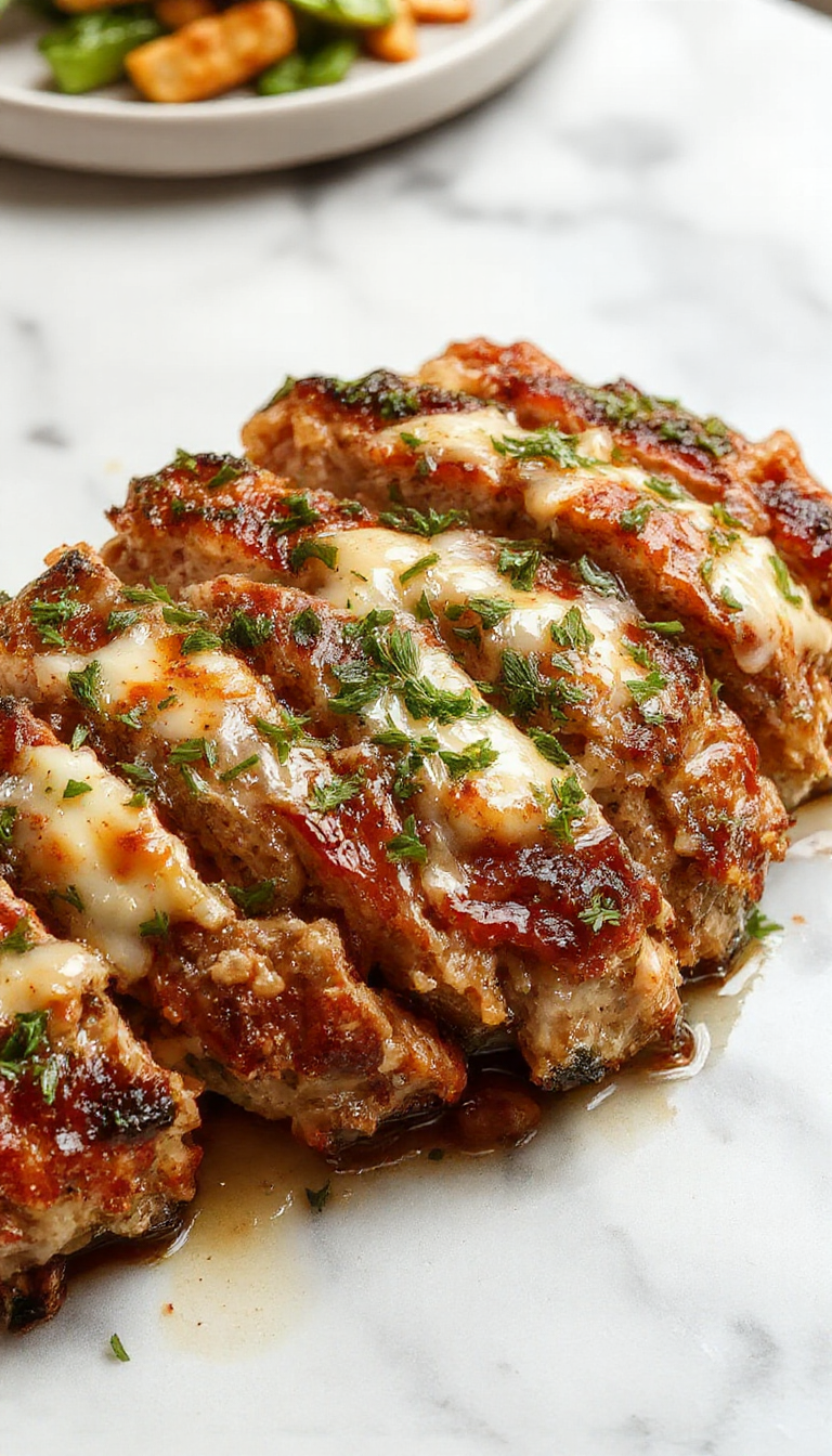 A close-up of a golden-brown chicken meatloaf topped with melted parmesan cheese and fresh parsley, sliced to reveal a moist, flavorful interior with visible garlic and herbs, served on a rustic white plate with a green garnish and a side of roasted vegetables against a light wooden background.