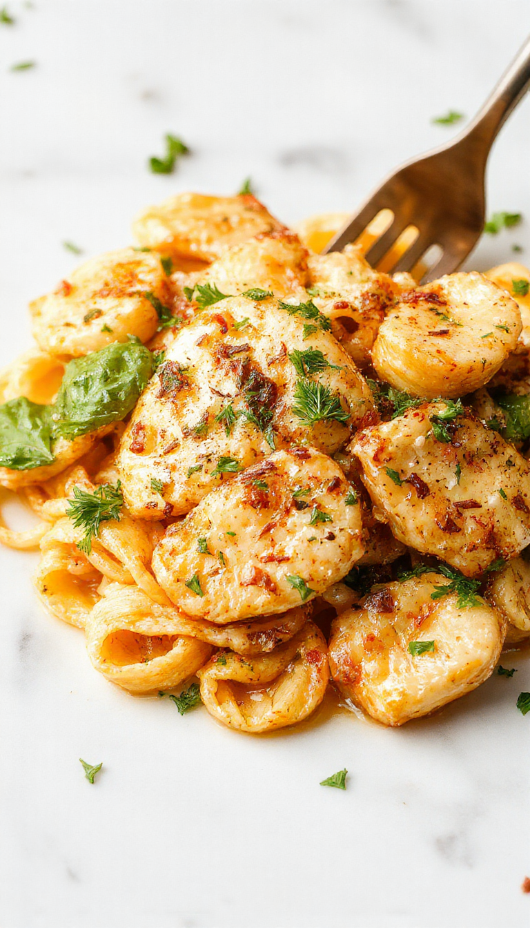 A vibrant plate of garlic parmesan chicken pasta featuring golden-brown grilled chicken pieces atop a creamy, cheesy pasta with fresh parsley garnish. The dish is beautifully plated in a white bowl on a rustic wooden table, with a sprinkle of grated parmesan and garlic cloves for decoration. The colors are warm and inviting, emphasizing the creamy texture and crisp herbs highlighting a delicious and healthy meal.