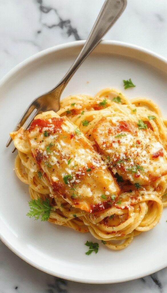 A vibrant plate of garlic parmesan chicken pasta featuring golden-brown grilled chicken slices atop a bed of creamy pasta with a sprinkle of chopped parsley and grated parmesan cheese, styled in a rustic white bowl with a fork, surrounded by fresh garlic cloves, parsley sprigs, and a drizzle of creamy sauce, with a warm wooden table background.