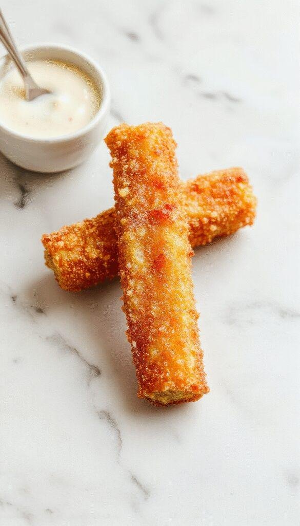 Golden air-fried apple sticks arranged on a white plate, sprinkled with cinnamon sugar, crispy outside, with a side of caramel sauce for dipping.