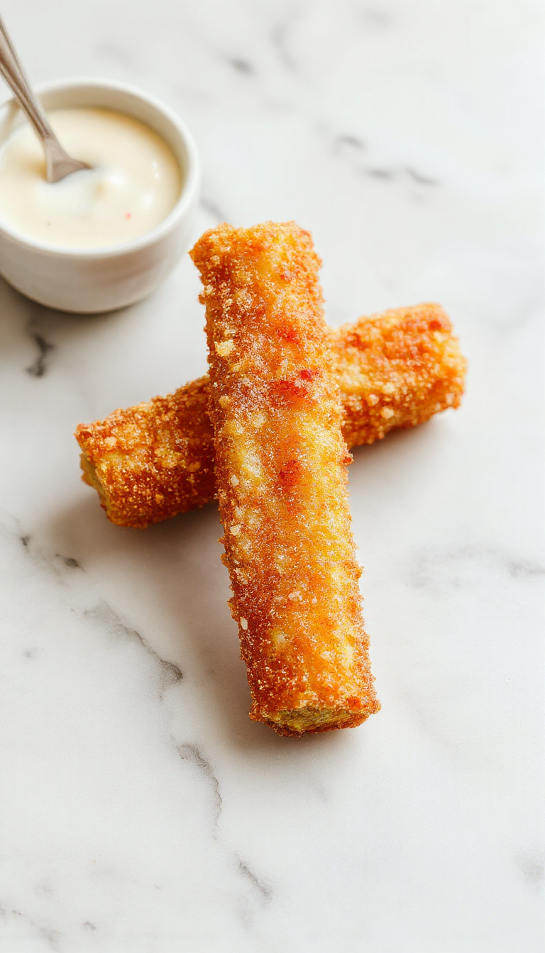 Golden air-fried apple sticks arranged on a white plate, sprinkled with cinnamon sugar, crispy outside, with a side of caramel sauce for dipping.