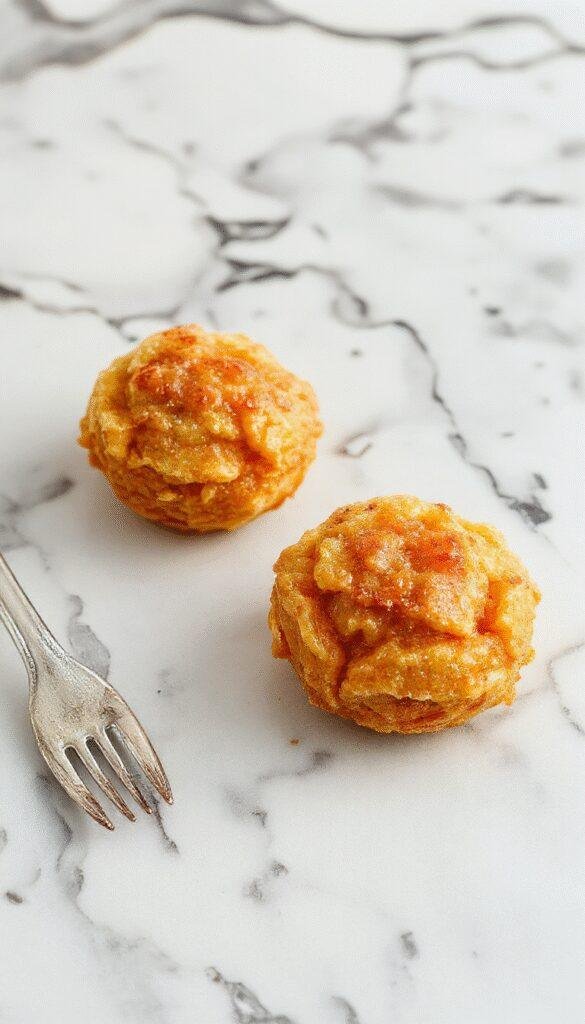 Golden air-fried apple treats served on a white plate with cinnamon and caramel drizzle, highlighting their crispy exterior and juicy interior.