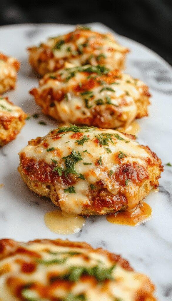 A golden-brown baked chicken parmesan plated on a white dish, topped with melted mozzarella and marinara sauce, garnished with fresh basil, set against a rustic wooden background with a side of spaghetti.