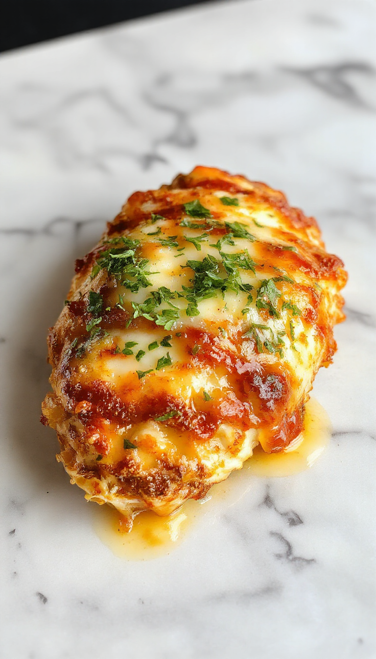 Golden baked Chicken Parmesan with crispy breaded chicken breasts topped with marinara sauce and melted cheese, served on a plate with a side of pasta.