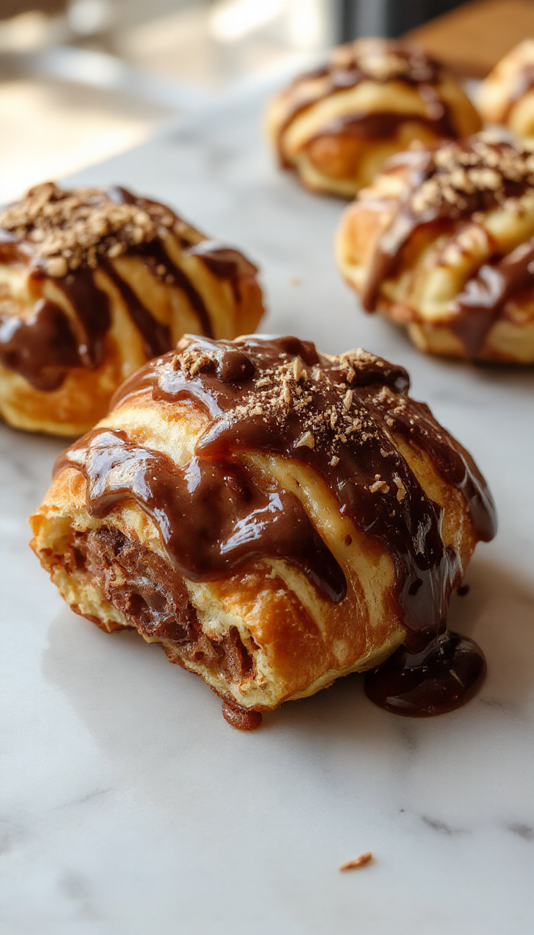 A freshly baked golden chocolate croissant placed on a rustic wooden table, oozing melted chocolate from its flaky layers, with a cup of coffee in the background.