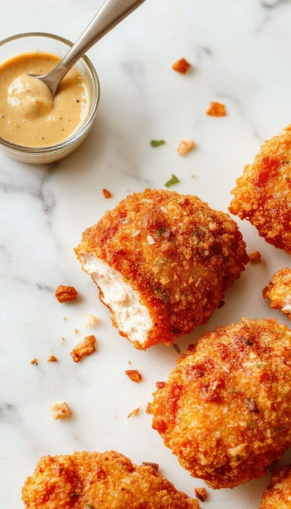 Golden crispy baked chicken strips served on a plate with a side of dipping sauces, appealing and fresh.