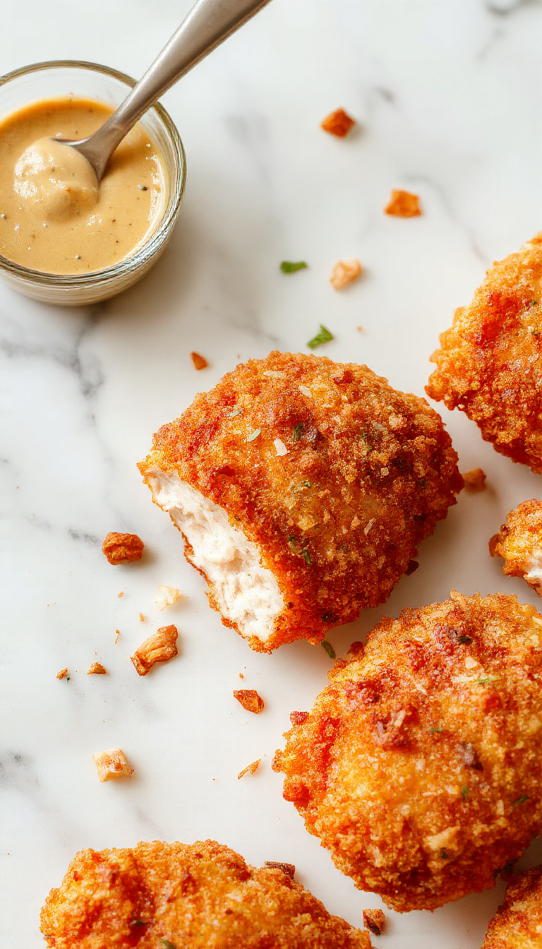 Golden crispy baked chicken strips served on a plate with a side of dipping sauces, appealing and fresh.