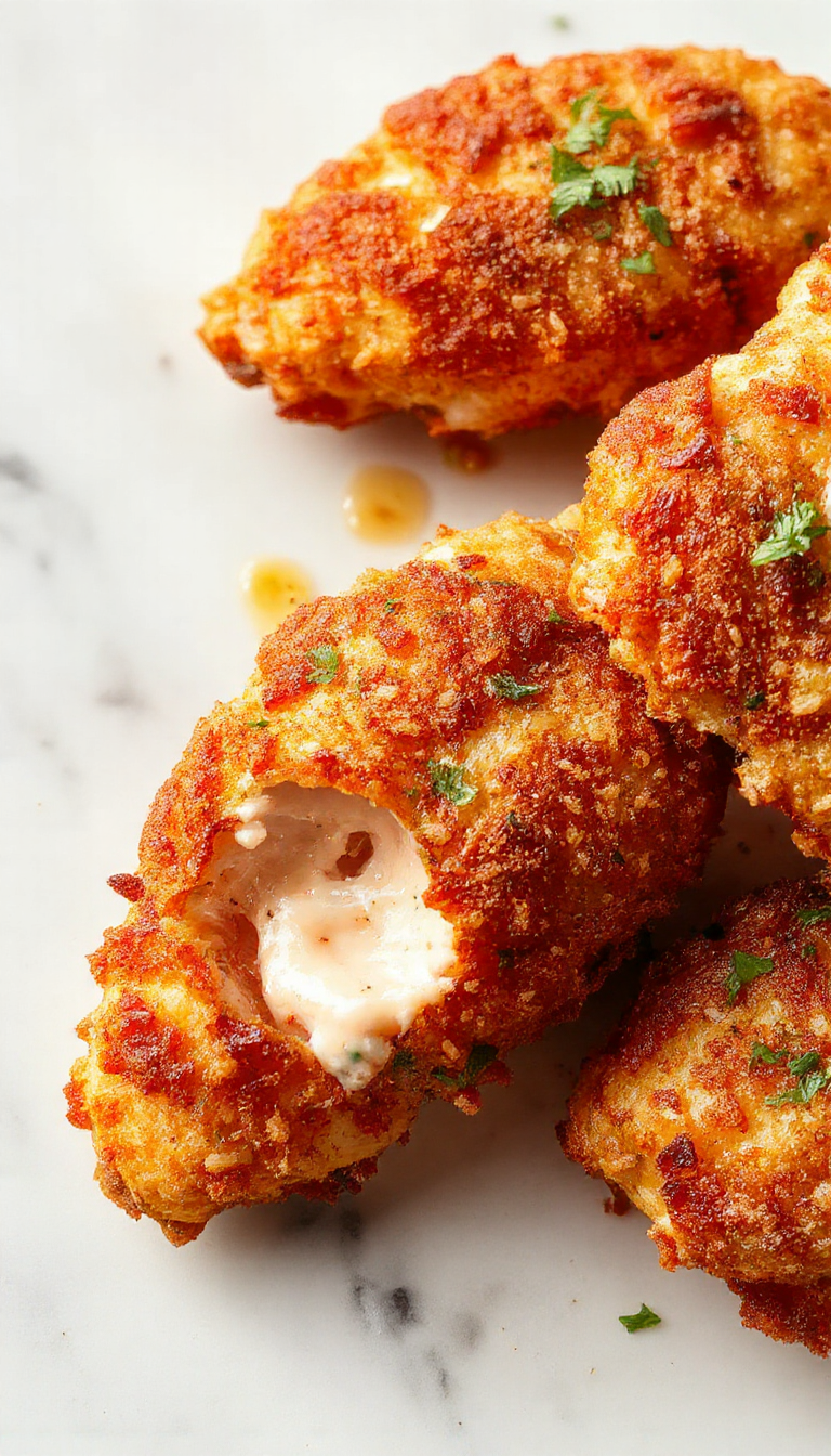 Golden crispy baked chicken tenders arranged on a white plate with fresh herbs, showcasing their crunchy coating and tender interior.
