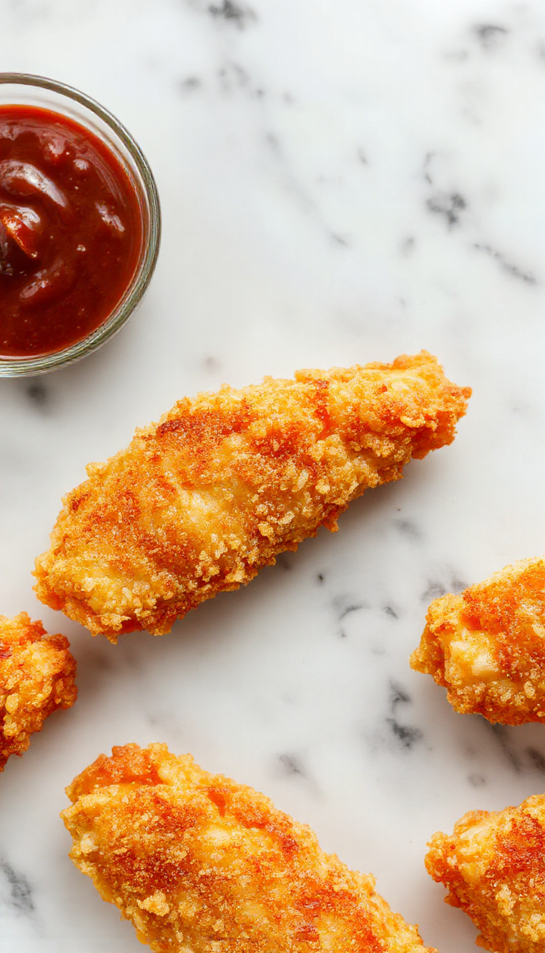 Golden crispy chicken strips on a plate with dipping sauce, crispy and tender, perfect for family meals.